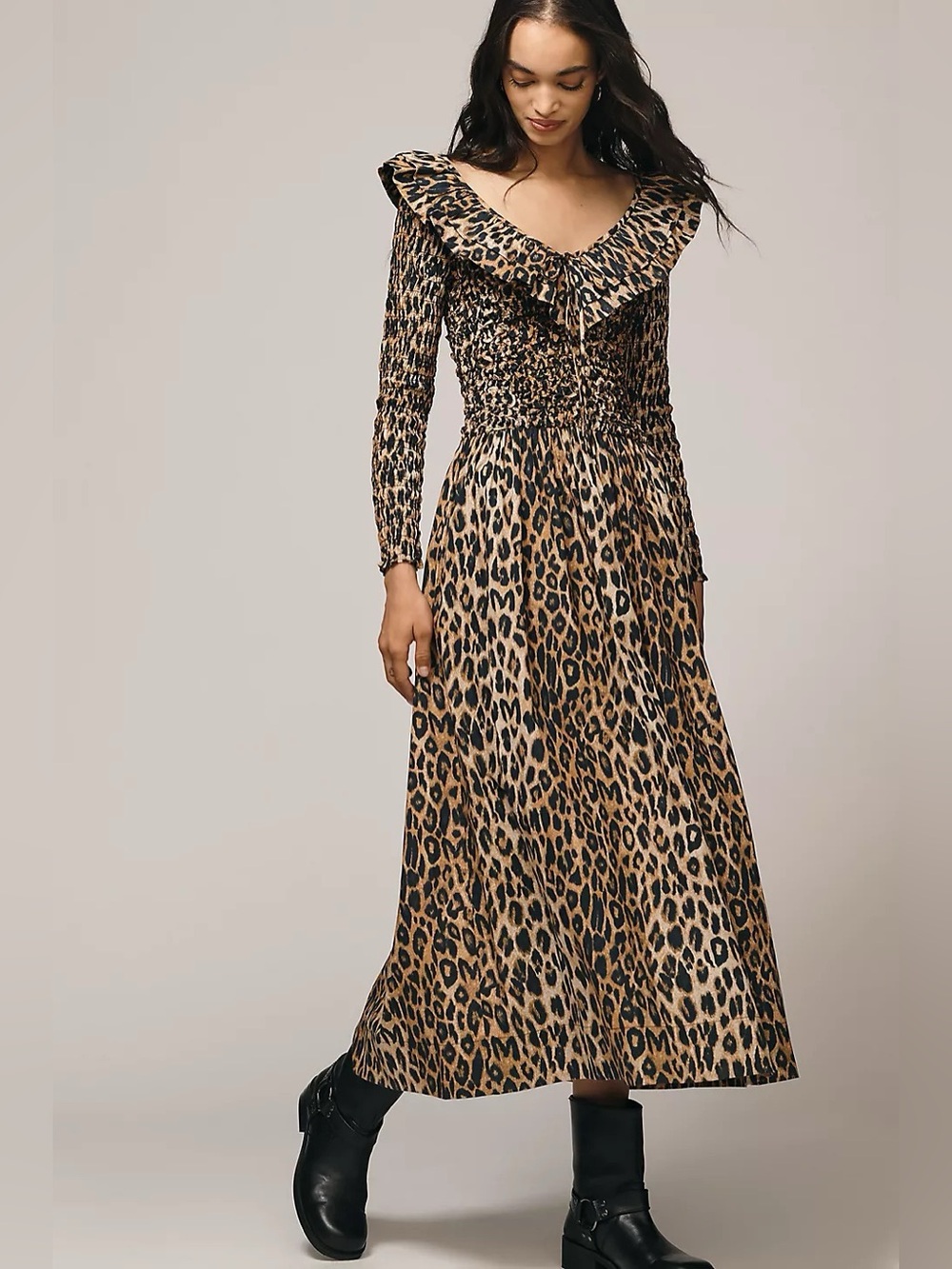 NWT Anthropologie Damson Madder Harper Shirred Leopard Midi Dress, Size 4